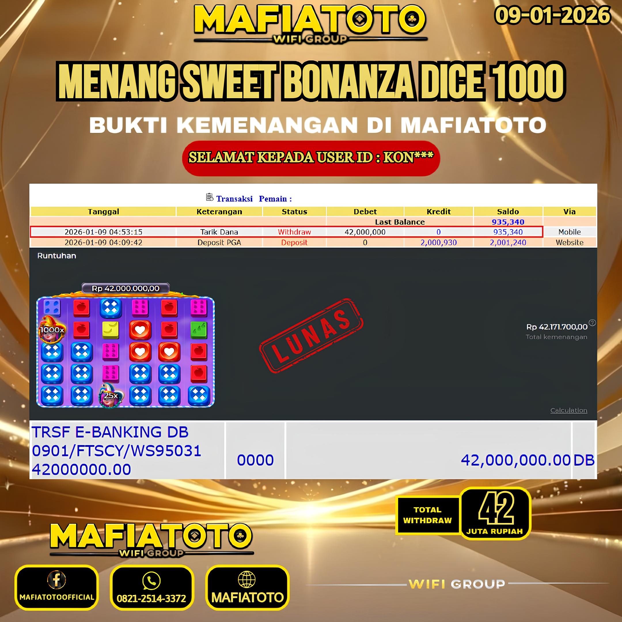 MAFIATOTO JACKPOT SLOT SWEET BONANZA DICE 1000 RP.42.000.000 - LUNAS ID : KON***