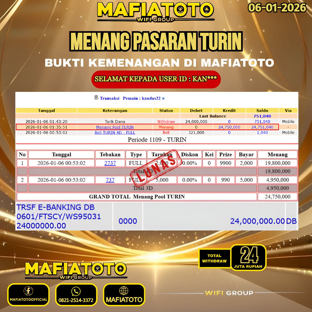 MAFIATOTO JACKPOT TOGEL PASARAN TURIN RP.24.000.000 - LUNAS ID : KAN***