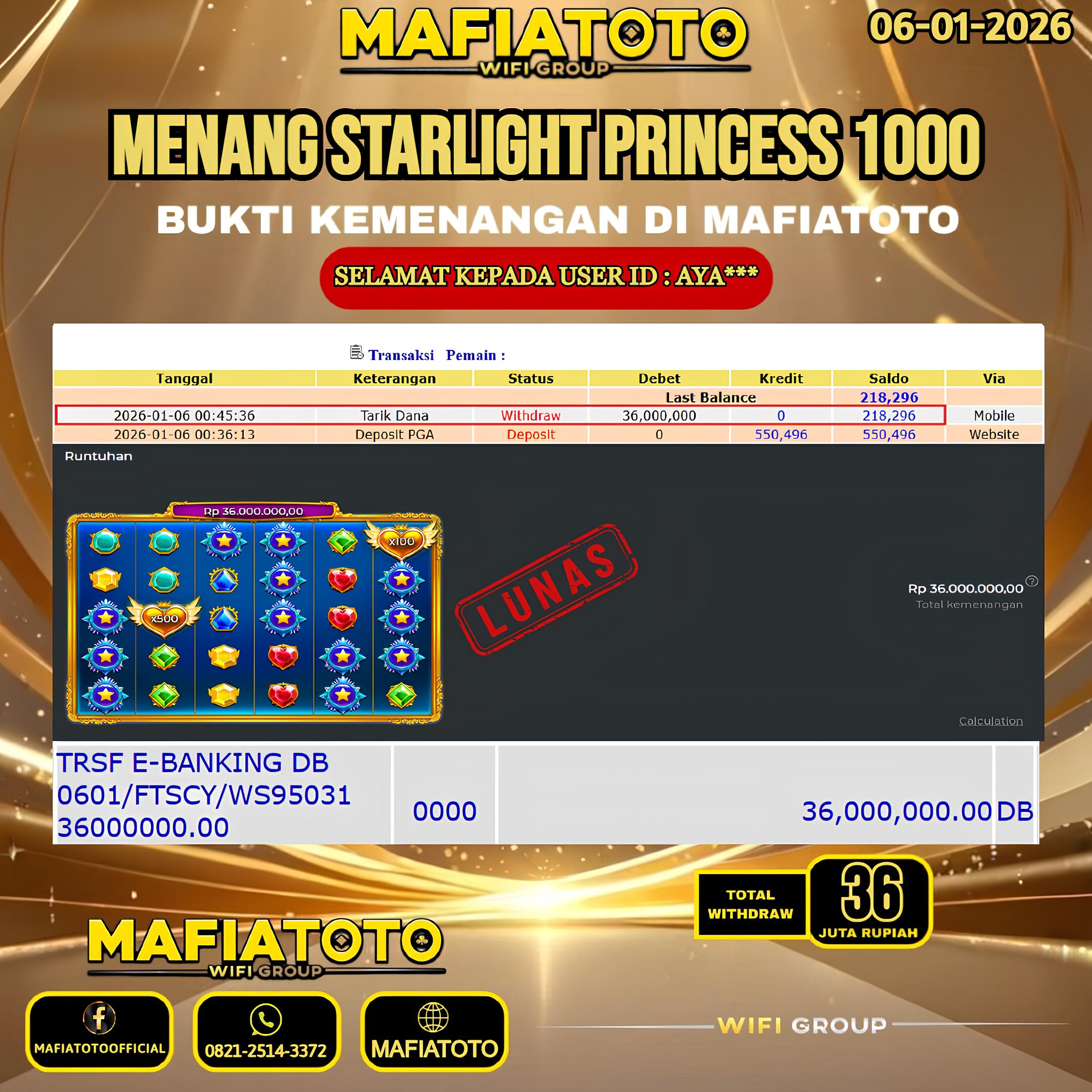 MAFIATOTO JACKPOT SLOT STARLIGHT PRINCESS 1000 RP.36.000.000 - LUNAS ID : AYA***