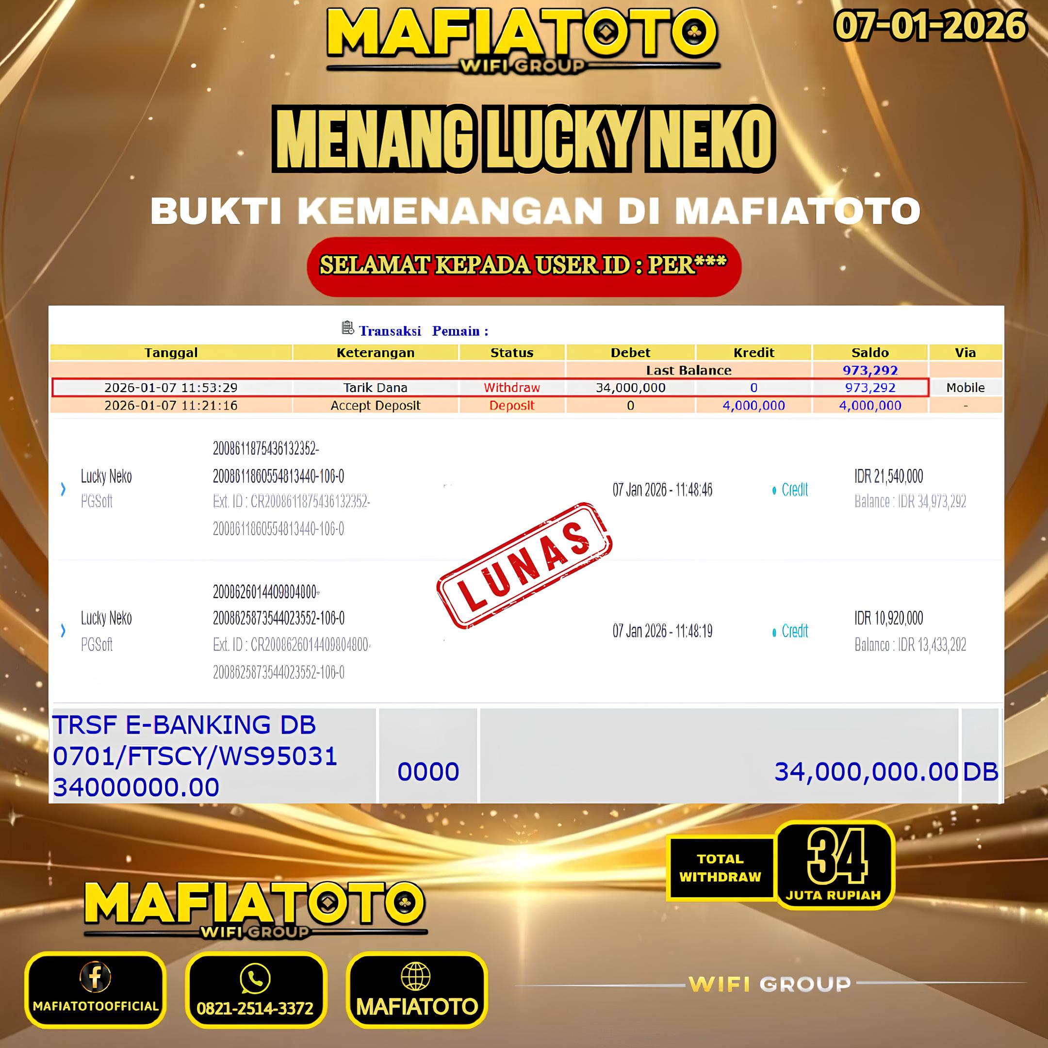 MAFIATOTO JACKPOT SLOT LUCKY NEKO RP.34.000.000 - LUNAS ID : PER***
