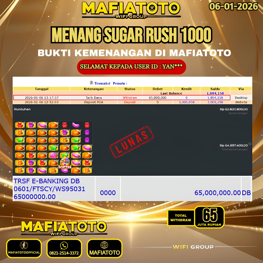 MAFIATOTO JACKPOT SLOT SUGAR RUSH 1000 RP.65.000.000 - LUNAS ID : YAN***