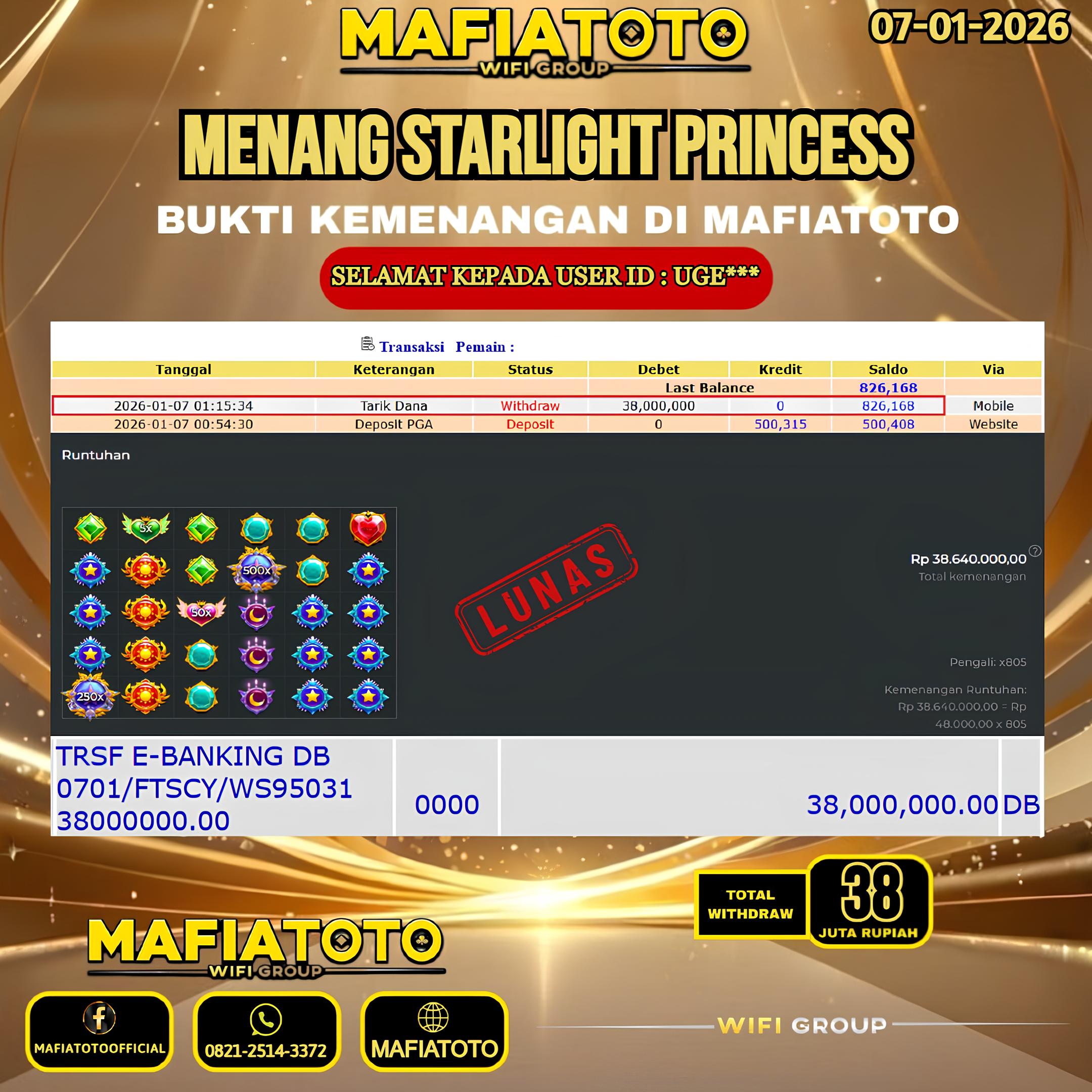 MAFIATOTO JACKPOT SLOT STARLIGHT PRINCESS RP.38.000.000 - LUNAS ID : UGE***