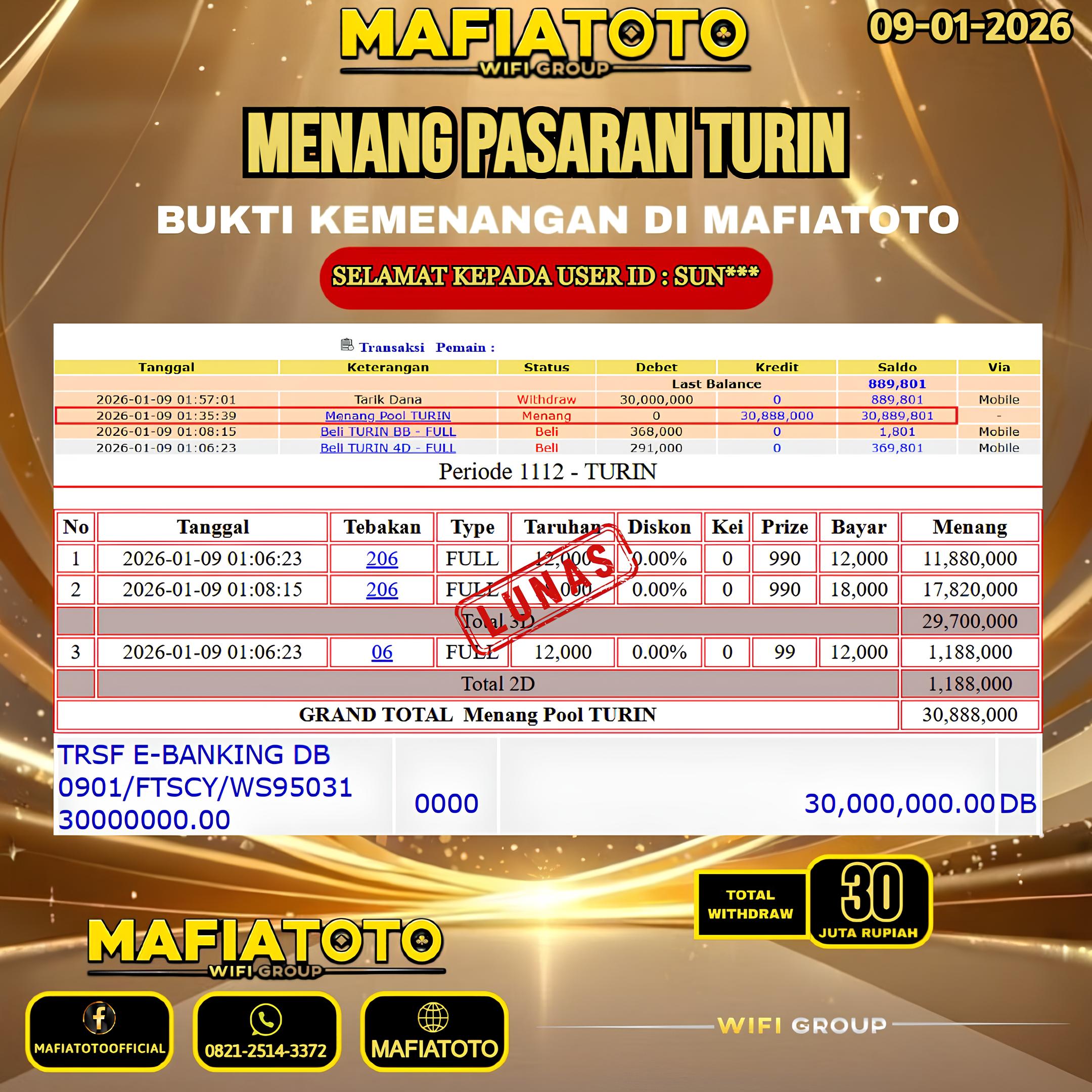 MAFIATOTO JACKPOT TOGEL PASARAN TURIN RP.30.000.000 - LUNAS ID : SUN***