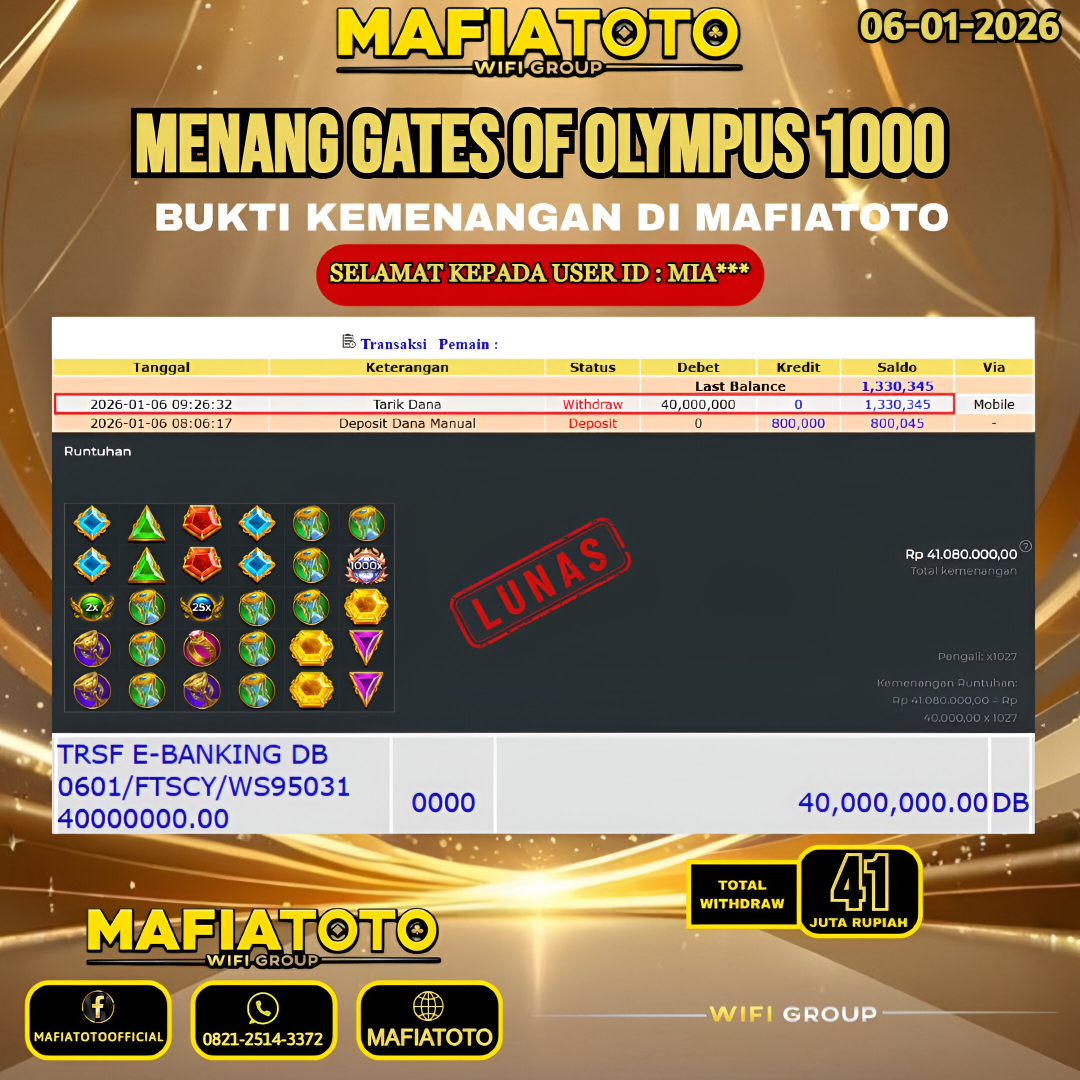 MAFIATOTO JACKPOT SLOT GATES OF OLYMPUS 1000 RP.41.000.000 - LUNAS ID : MIA***